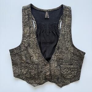 Highway Jeans Vest Juniors XL Black Animal Print Button Front Tie Back Cropped